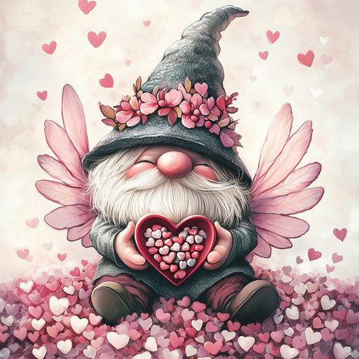 Valentine's gnome with wings holding a heart-shaped candy box