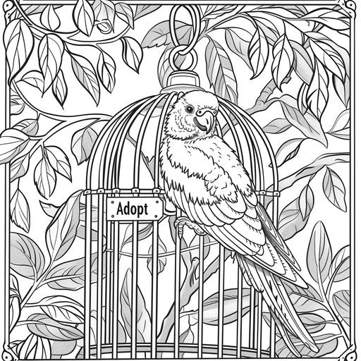 Coloring Book Page: A playful parakeet with an 'Adopt Me' tag