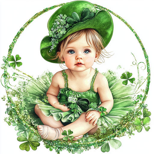 St. Patrick's Day baby girl with hat, cute ballerina, surrounded by shamrocks and glittery clovers clipart, white background, vivid colors, hyper-realistic