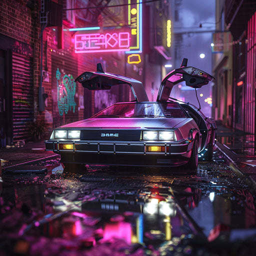 Cyberpunk DeLorean DMC-12 with AR displays in rainy neon alley