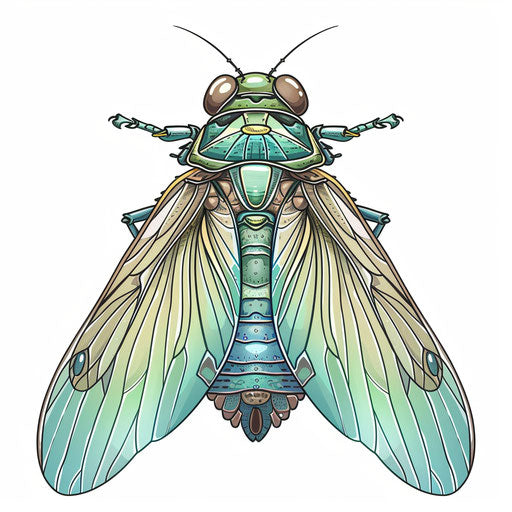 Harmony illustration of a cicada with soft blues and greens in a serene clipart style