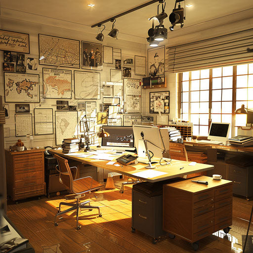 Director's office with storyboards and awards