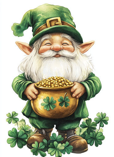 St. Patrick's Day gnome with pot of gold and shamrocks in digital art style