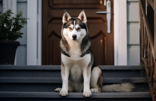 Siberian husky dog sitting on house steps