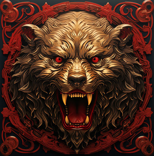 Angry bear with fang, dark crimson and bronze, detailed drawing