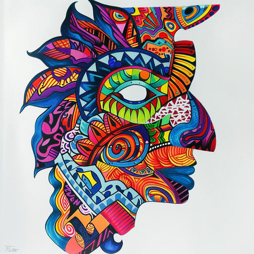 Stylized tattoo sketch of a Kalinga motif with pop art influences and vibrant patterns