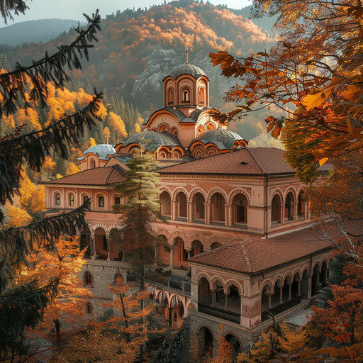Rila Monastery surrounded by autumn foliage