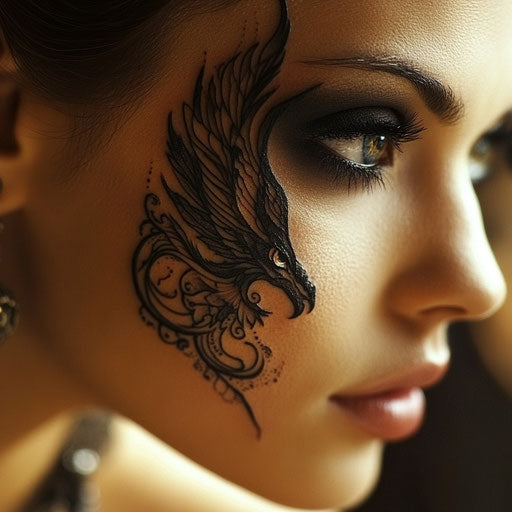 Face tattoos for women with a small phoenix feather, in the style of J.P. Targete