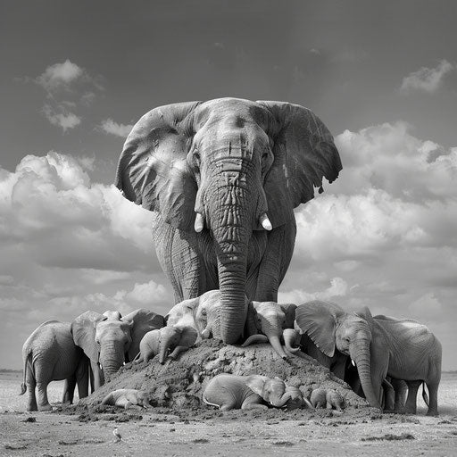 An elephant watching over its sleeping herd