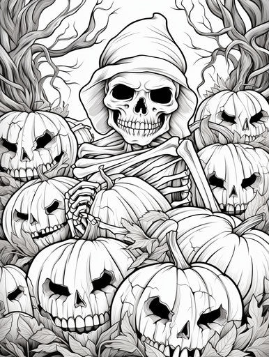 Halloween coloring page with grave head and pumpkins