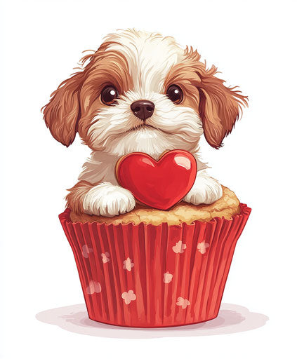 Cute puppy on a red cupcake paper for Valentine's Day