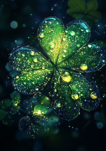 Shamrock with water drops, dark background, St. Patrick's Day theme, cartoon style, mobile wallpaper, high resolution, high detail