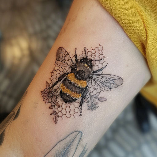 Bumble bee tattoo with lace pattern on white background