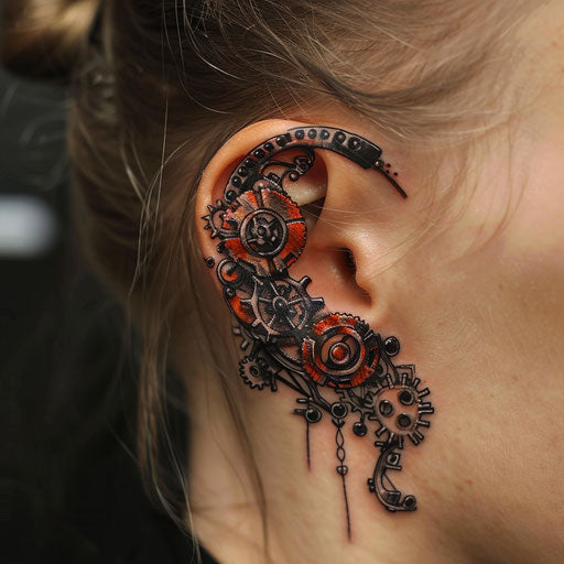 Ear tattoos in the style of Adrian Smith featuring steampunk elements