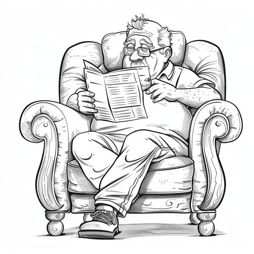 Father in armchair reading newspaper in cartoon style