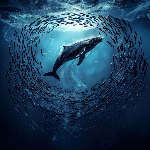 A whale diving with schools of fish