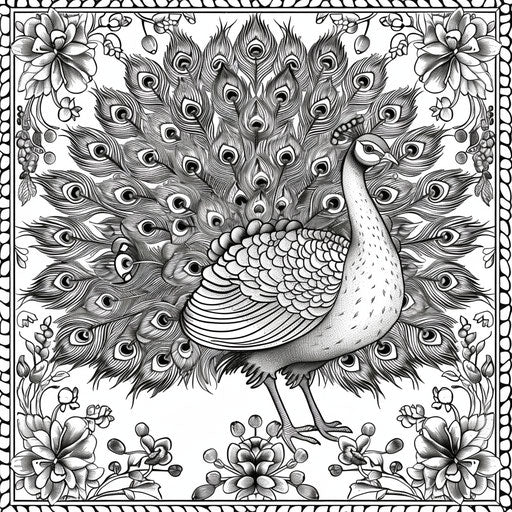 Elaborate peacock with feathers displayed in floral setting. Coloring book page