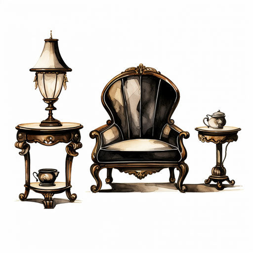 Furniture clipart in the style of Chiaroscuro Art, on a white background