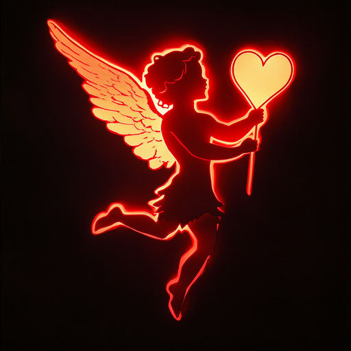 Lit, red silhouette of Cupid with a heart