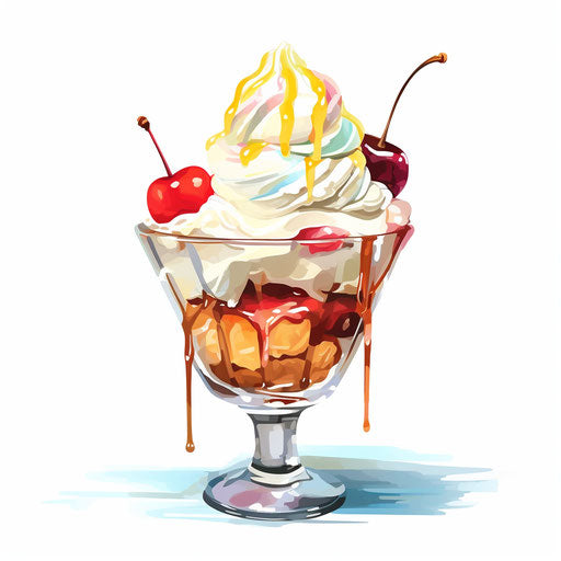 Ice Cream Sundae Clipart in the Style of Impressionistic Art, on White Background
