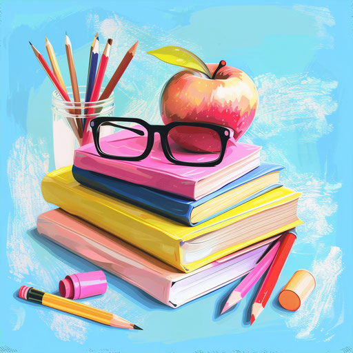 Teachers day clipart in photo realistic style with a flat random background, high contrast and saturated hues