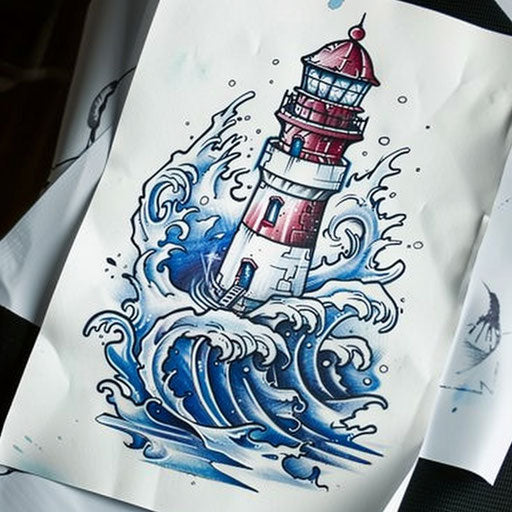 Old school tattoo of lighthouse and crashing waves