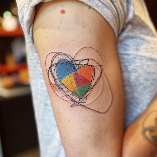 Vibrant flat tattoo sketch of a colorful one-line heart