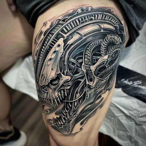 Epic fantasy biomechanical tattoo, Peter Jackson style