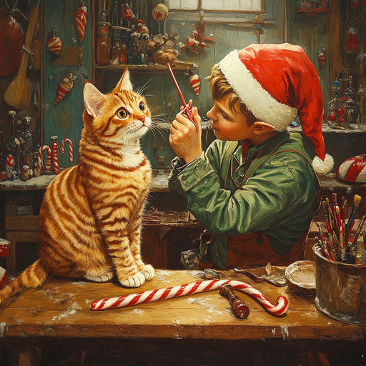 Mischievous elf painting stripes on a cat, mistaking it for a candy cane in a busy North Pole workshop