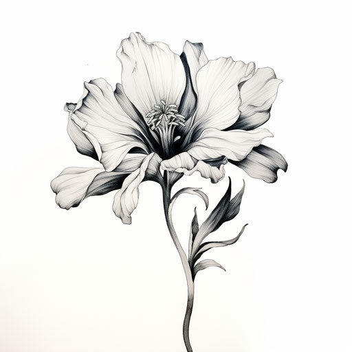 Black and white tattoo style flower drawing, exotic realism