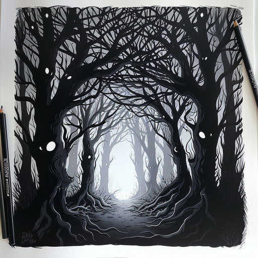 Mysterious dark forest with eerie shadows and glowing eyes