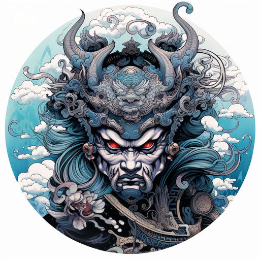 Samurai with azure helmet, classic tattoo style, captivating