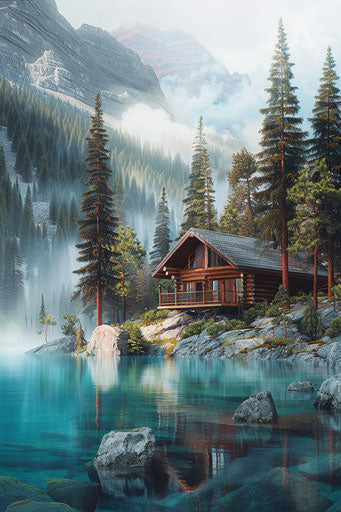 Wooden cabin by an alpine lake, rocky mountains in background, misty, pine trees, turquoise water