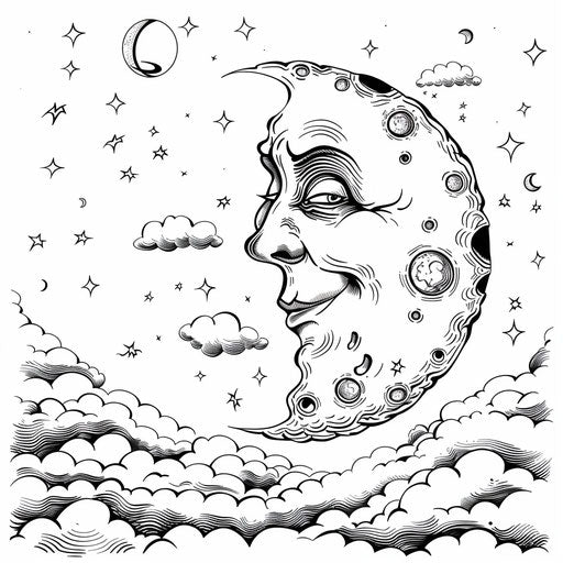 Comical moon in funny scenarios coloring book page