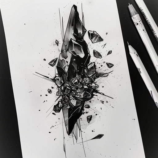 Bold and dark flat tattoo sketch with obsidian shards emerging from the skin