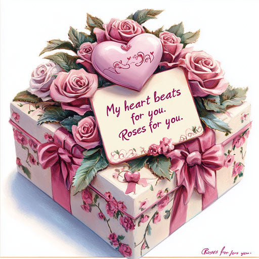 Decorated gift box with roses and heart, words of love
