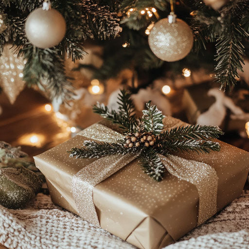 Wrapped gift with mistletoe sprig under twinkling tree