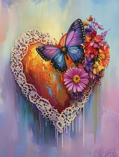 Colorful heart with lace and flowers, butterfly in the background, pastel colors