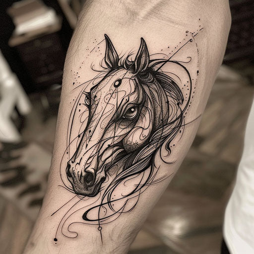 Bold flat tattoo sketch of a dark horse head with fierce eyes and flowing mane
