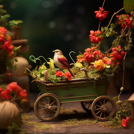 Miniature garden cart with bird sculpture