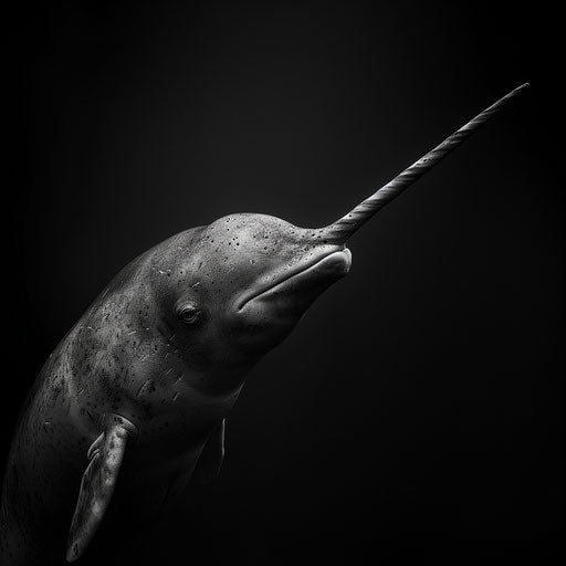 Majestic black and white portrait of a narwhal, highlighting its unique features, in the style of Tim Flach