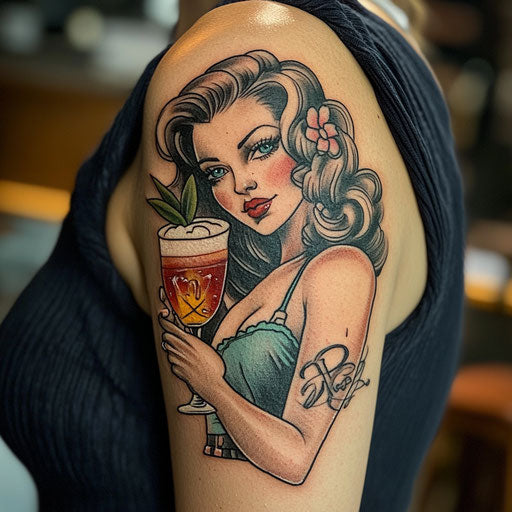 tattoos and booze featuring a pin-up girl holding a cocktail on the upper arm