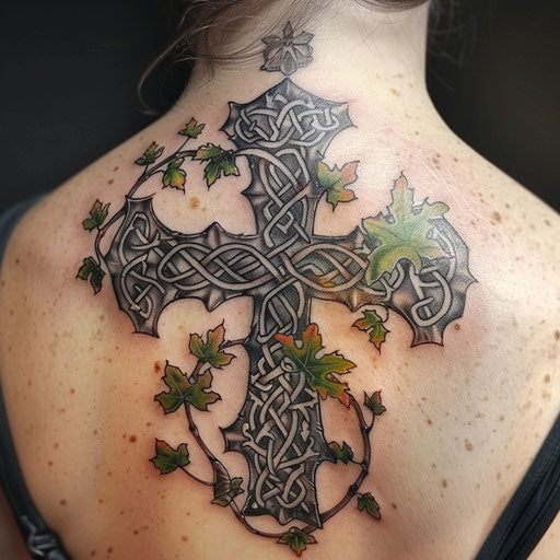 Seasonal Celtic cross tattoo with spring, summer, autumn, winter elements