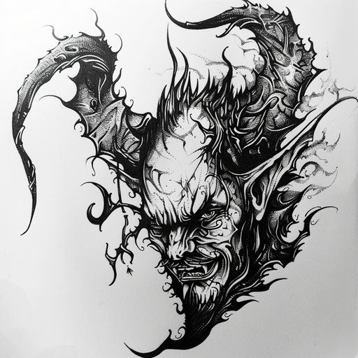 Gothic style devil tattoo drawing in black ink on white background