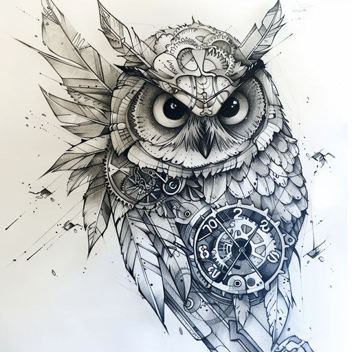 Rustic mechanical owl tattoo design with clockwork components sketched on white background