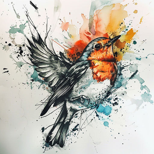 Artistic sketch of a robin merging into watercolor paints