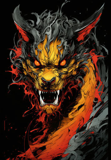 Black and red animal dragon in Jim Mahfood style, dark silver and yellow, precisionist lines, columns and totems, Terada Katsuya, twisted characters, high detail