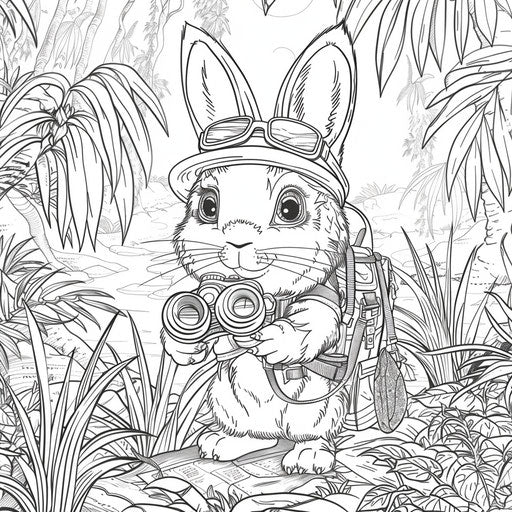 Bunny explorer with map and binoculars in the jungle
