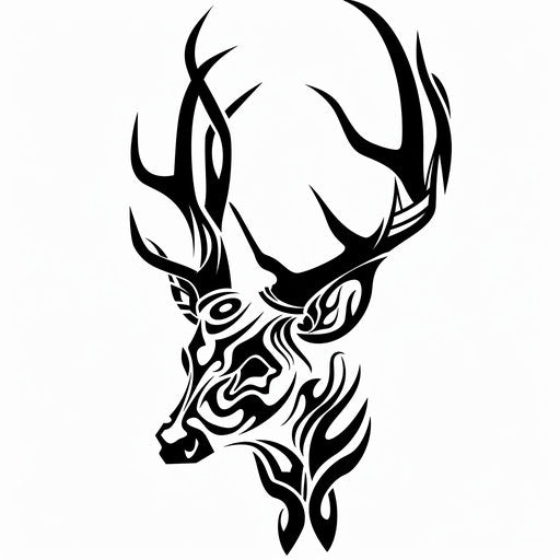 Tribal deer skull tattoo with black swirls on white