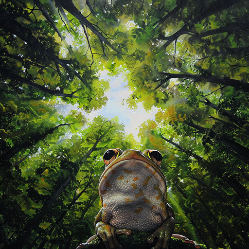 Frog's view through dense rainforest canopy, sky a green mosaic